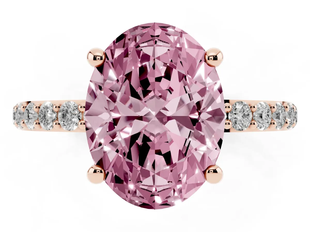 Fancy Pink Oval Cut Diamond Solitaire Ring with Round Pavé Band and Prong Setting Rose gold