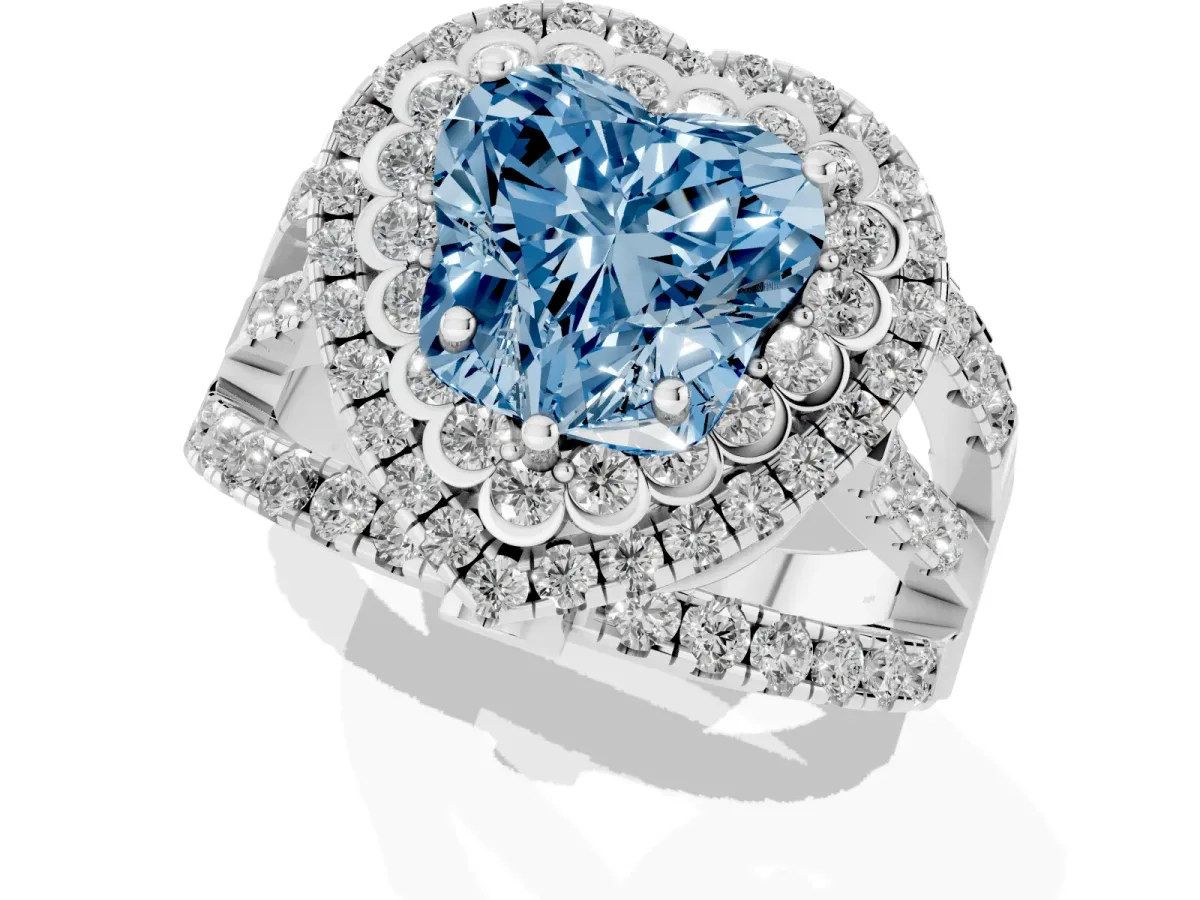 Fancy Blue Heart Cut Diamond Double Halo Ring with Round Pavé Split Shank and Prong Setting Silver