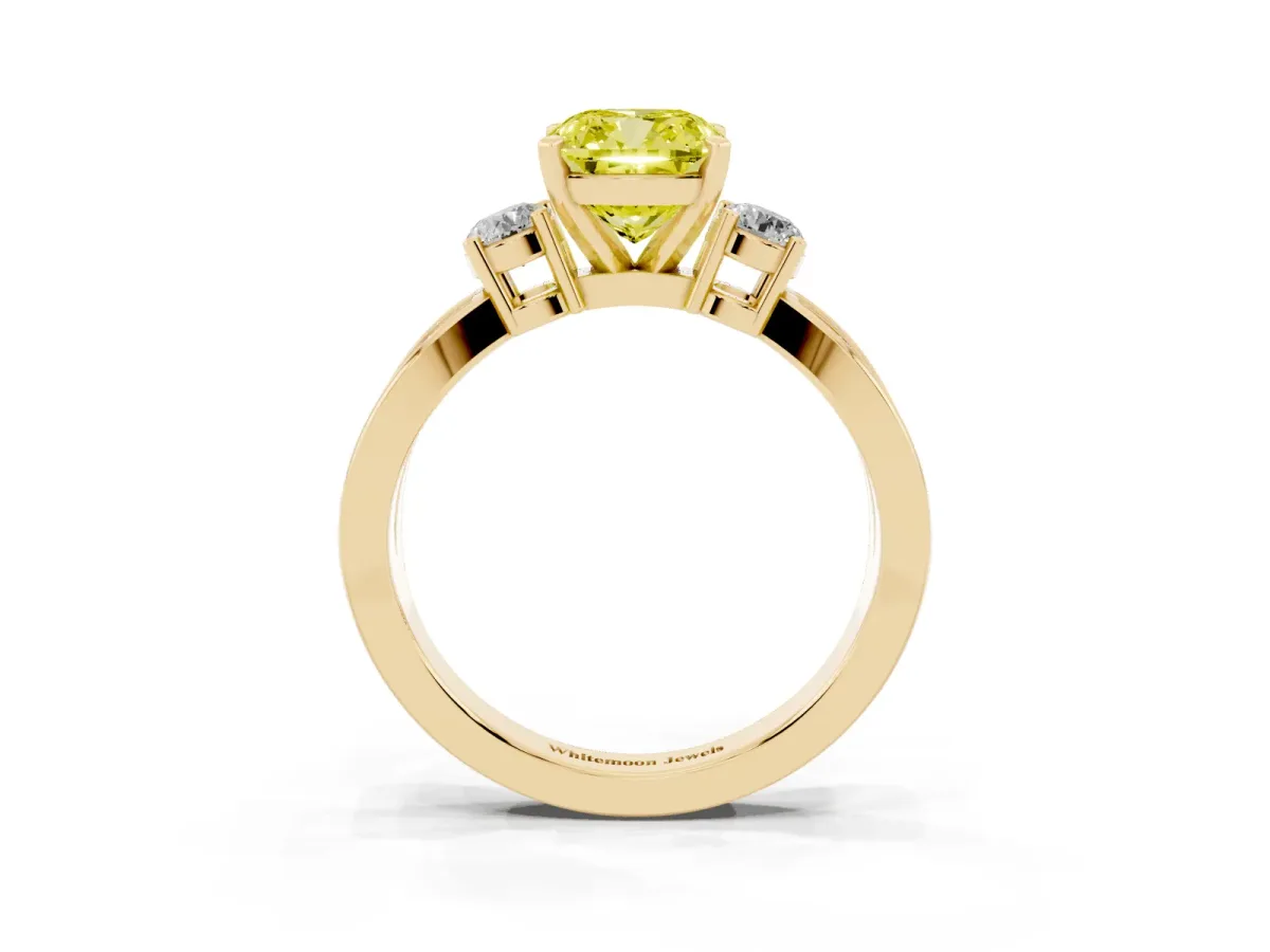 Fancy Yellow Three-Stone Cushion Cut Cut Diamond Twist Band with Prong Setting Yellow gold