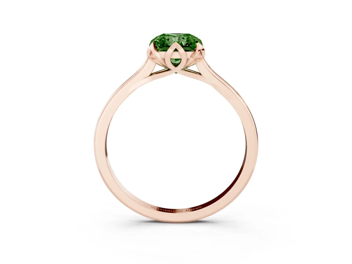 Fancy Green Radiant Cut Diamond Solitaire Ring with Flower Prong Setting and Classic Band Rose gold