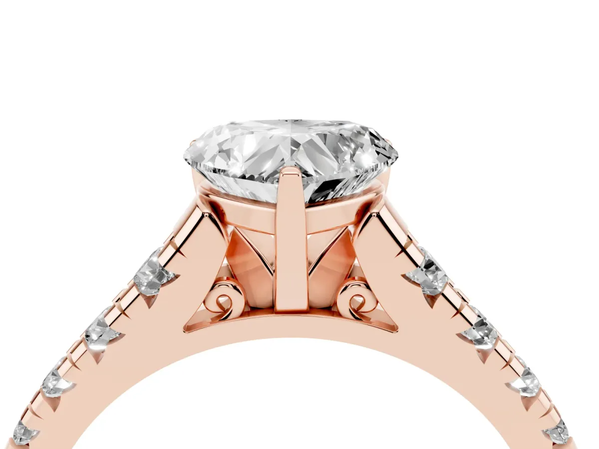 Heart Cut Diamond Cathedral Solitaire Ring with Round Pavé Band Rose gold