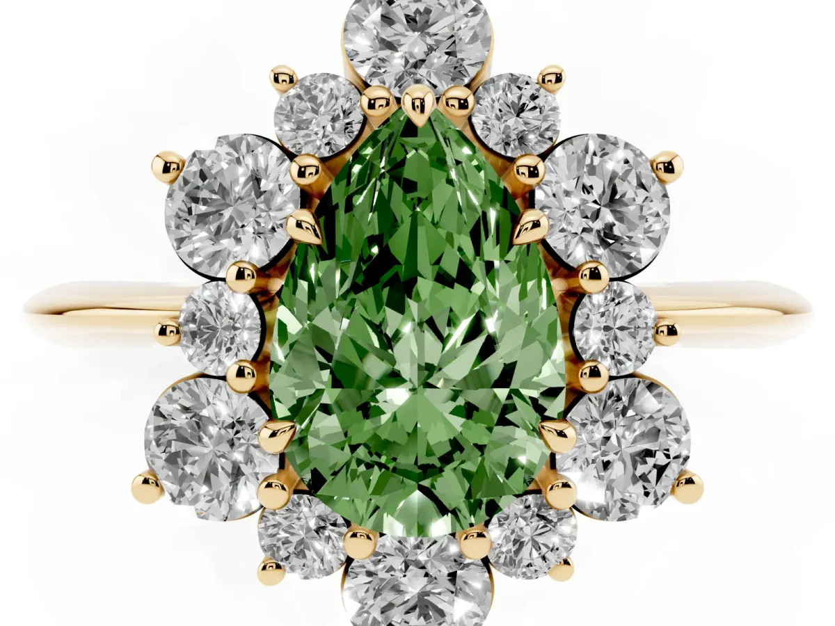Fancy Green Pear Cut Diamond Cluster Halo Ring with Solitaire Band and Four-Prong Setting Yellow gold