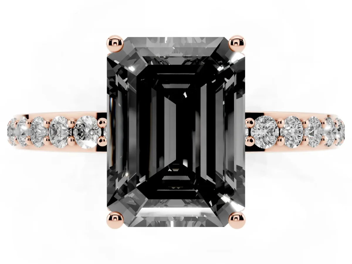 Fancy Black Emerald Cut Diamond Solitaire Ring with Pavé Band and Hidden Halo Rose gold