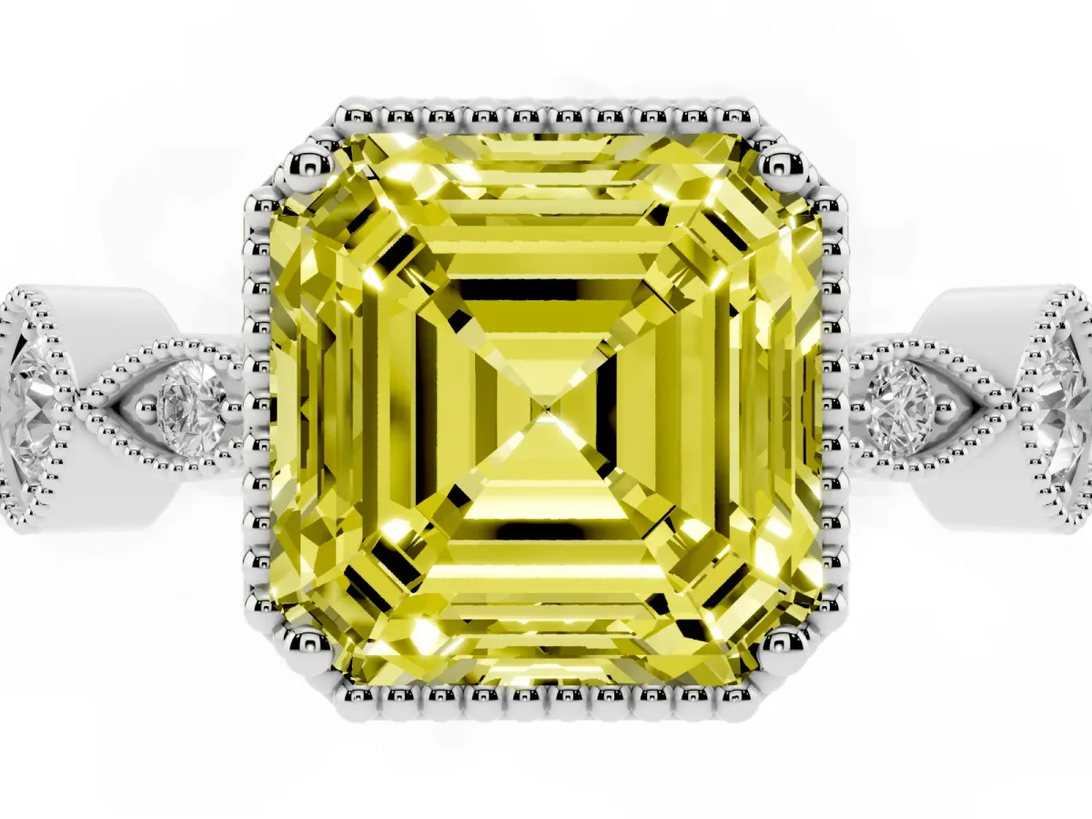 Fancy Yellow Asscher Cut Diamond Vintage Milgrain Ring with Round Stations Platinum