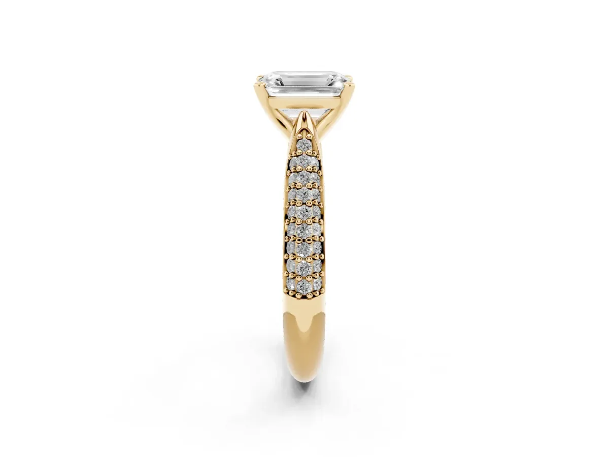 Emerald Cut Diamond Solitaire Engagement Ring with Multi-Row Round Pavé Band and Prong Setting Yellow gold