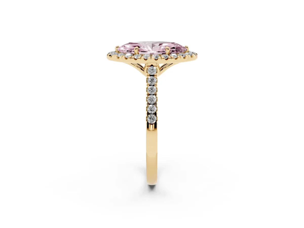 Fancy Pink Marquise Cut Halo Pavé Diamond Engagement Ring with Four-Prong Setting Yellow gold
