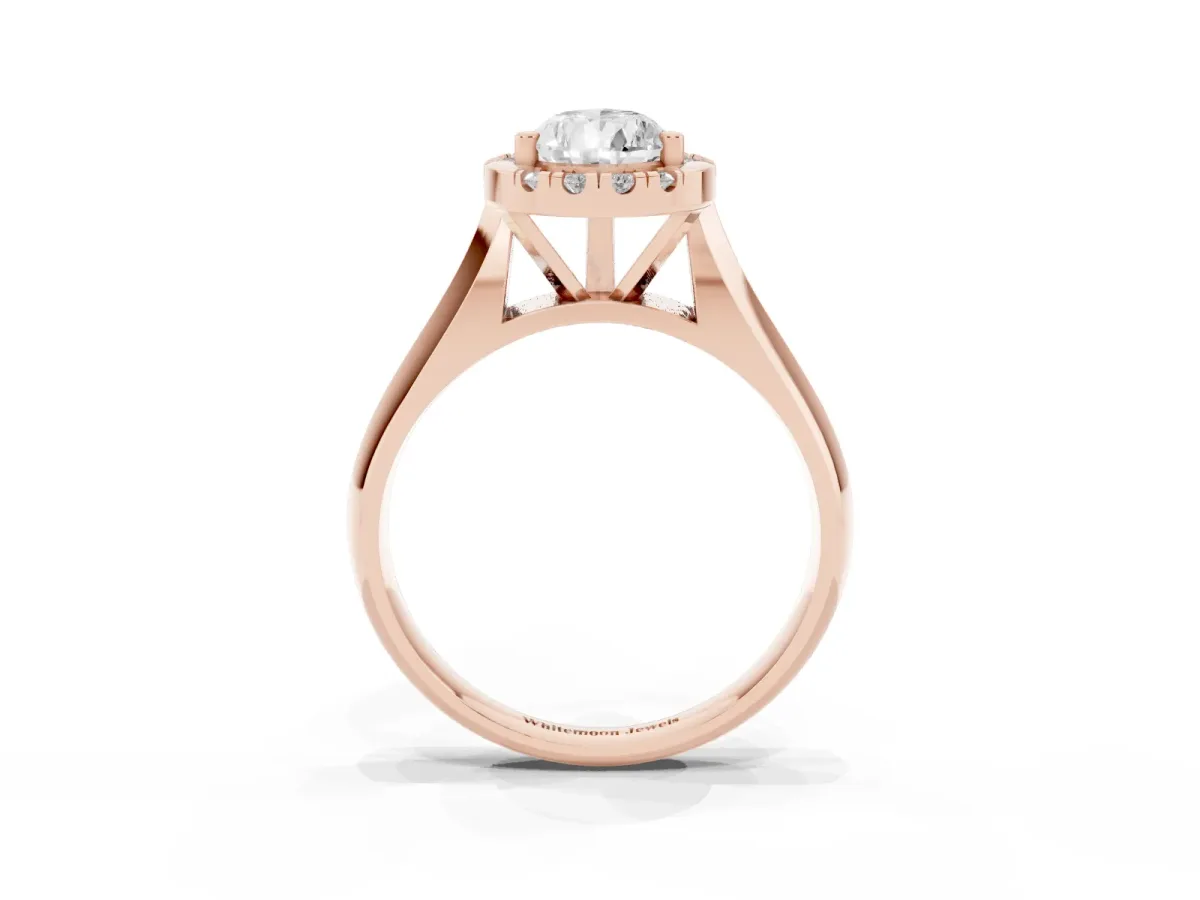 Pear Cut Cut Halo Solitaire Engagement Ring with Square Band and Four-Prong Setting Rose gold