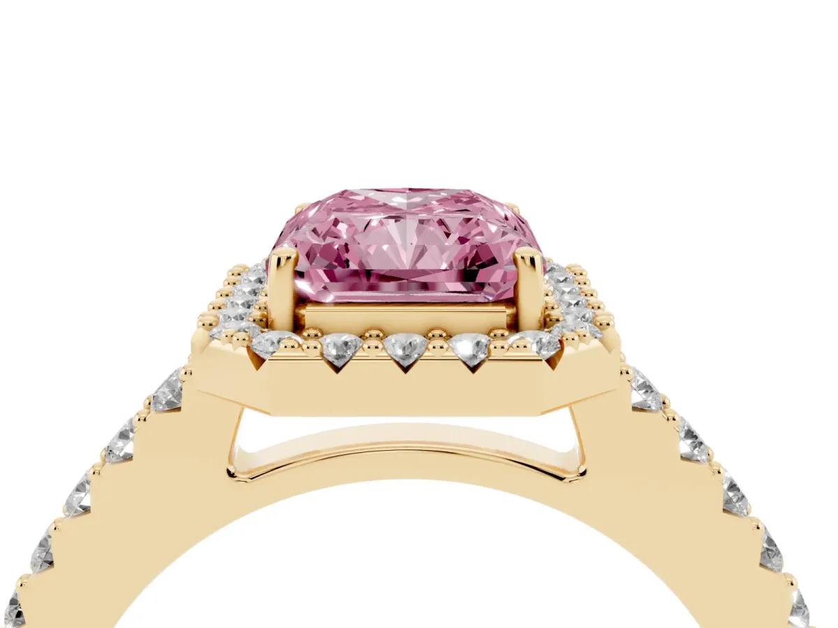Fancy Pink Radiant Cut Halo Diamond Pavé Solitaire Ring Yellow gold