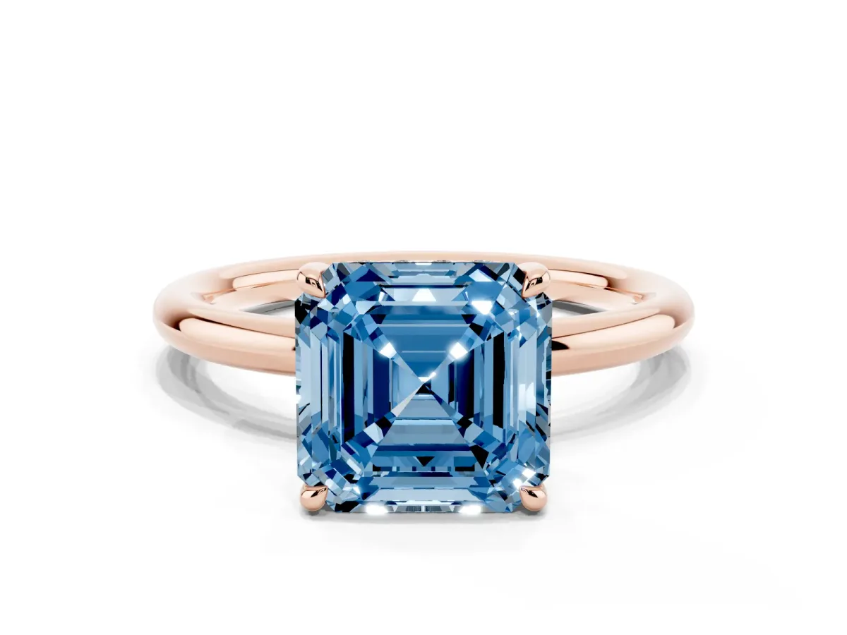 Fancy Blue Asscher Cut Diamond Solitaire Ring with Thin Band and Four-Prong Setting Rose gold