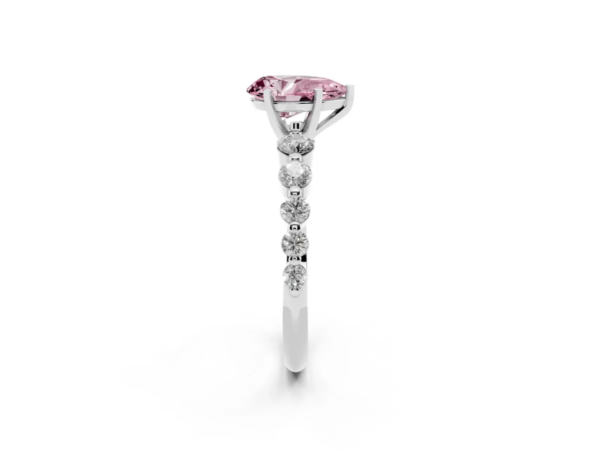Fancy Pink Pear Cut Solitaire Diamond Ring with Pave Band and Four-Prong Setting Silver