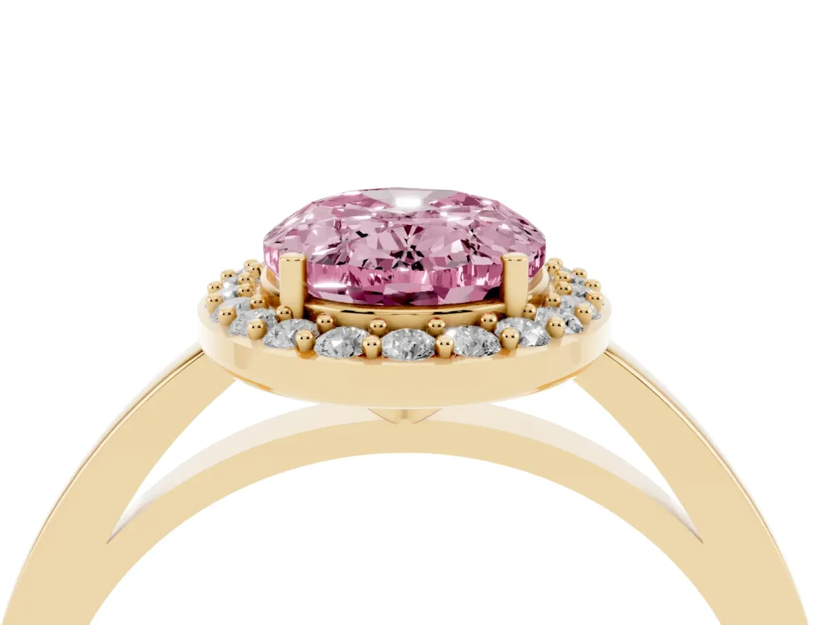 Fancy Pink Oval Cut Halo Diamond Ring with Solitaire Band and Prong Setting Yellow gold
