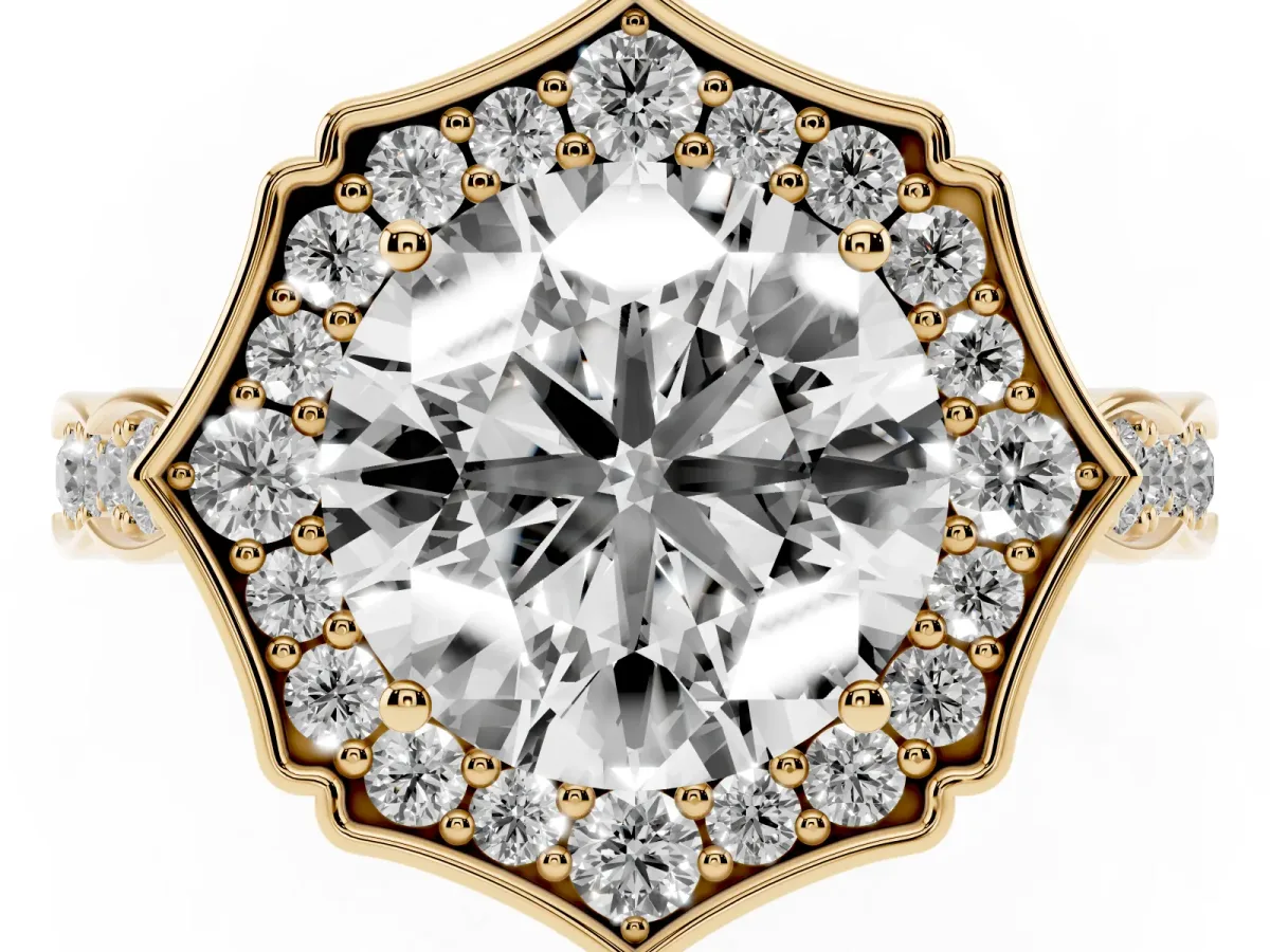 Round Cut Halo Diamond Engagement Ring with Milgrain Band and Four-Prong Setting Yellow gold