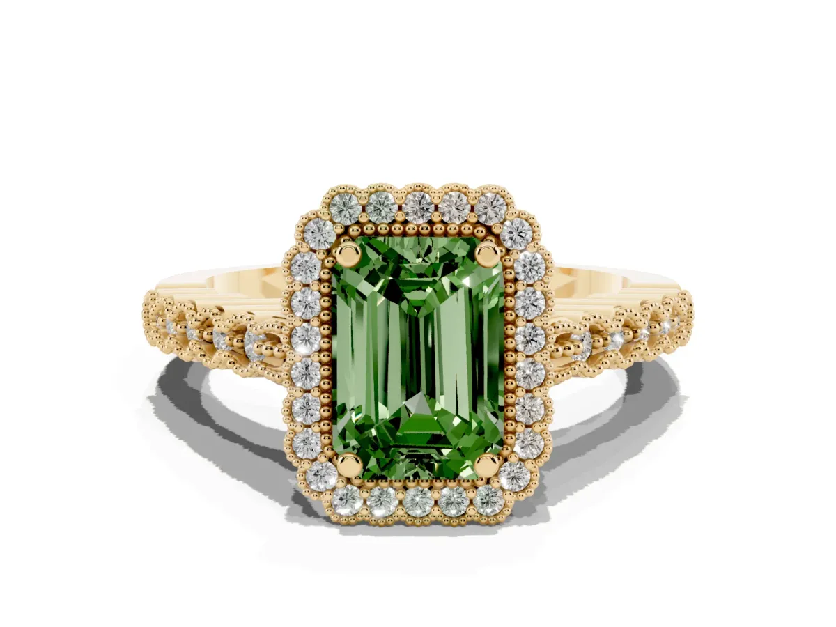 Fancy Green Emerald Cut Cut Halo Pavé Solitaire Ring with Milgrain Band Yellow gold