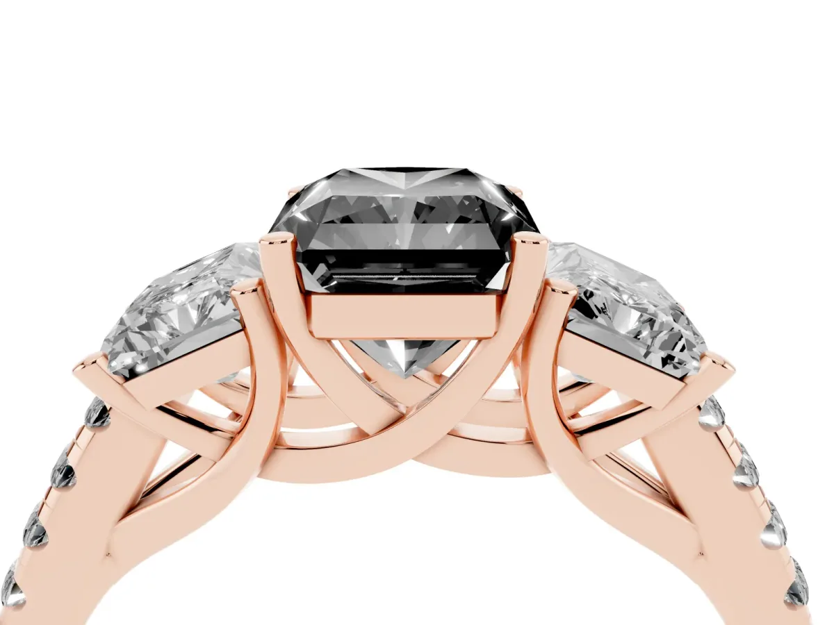 Fancy Black Three-Stone Radiant Cut Diamond Ring with Round Pavé Band and Prong Setting Rose gold