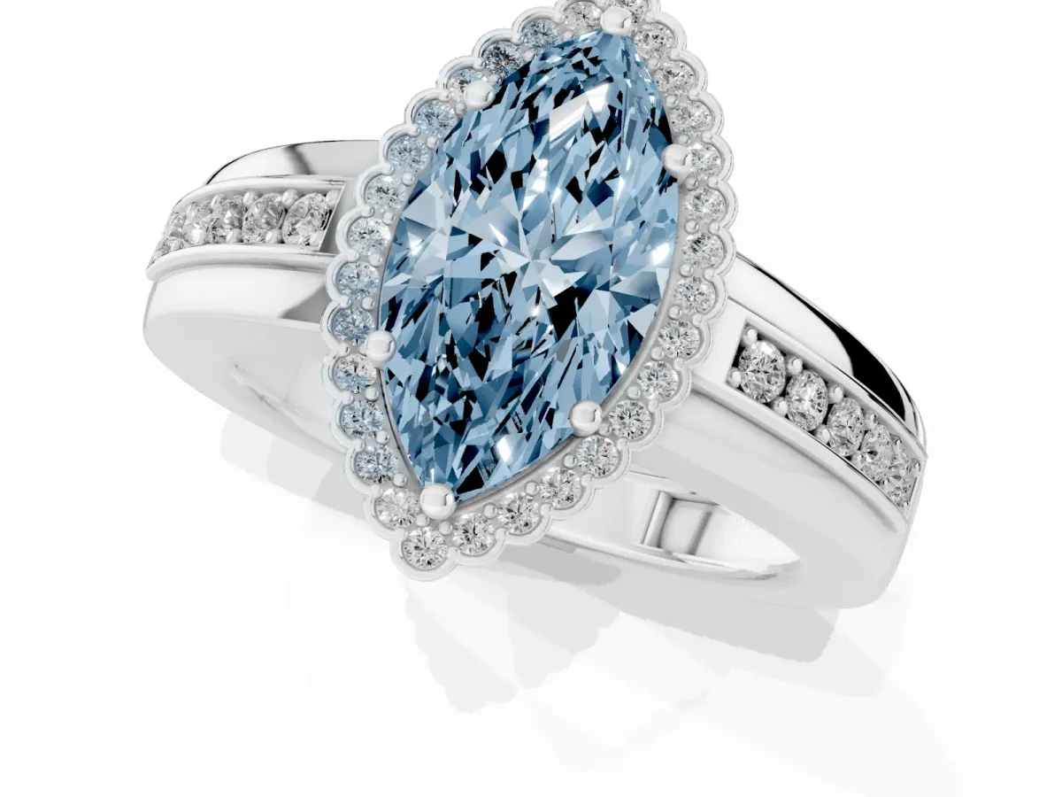 Fancy Blue Marquise Cut Cut Halo Pave Band Four-Prong Ring Silver