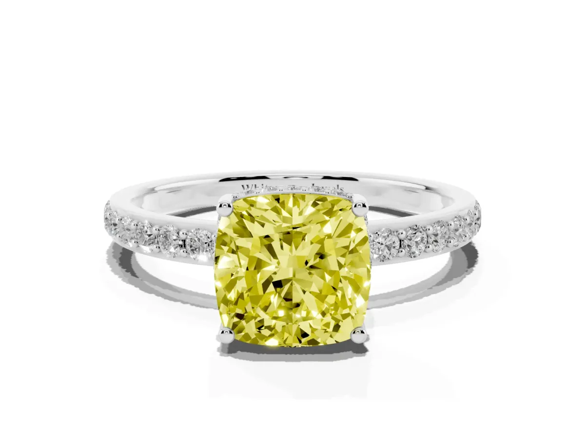 Fancy Yellow Cushion Cut Diamond Solitaire Ring with Pavé Band and Hidden Halo White gold