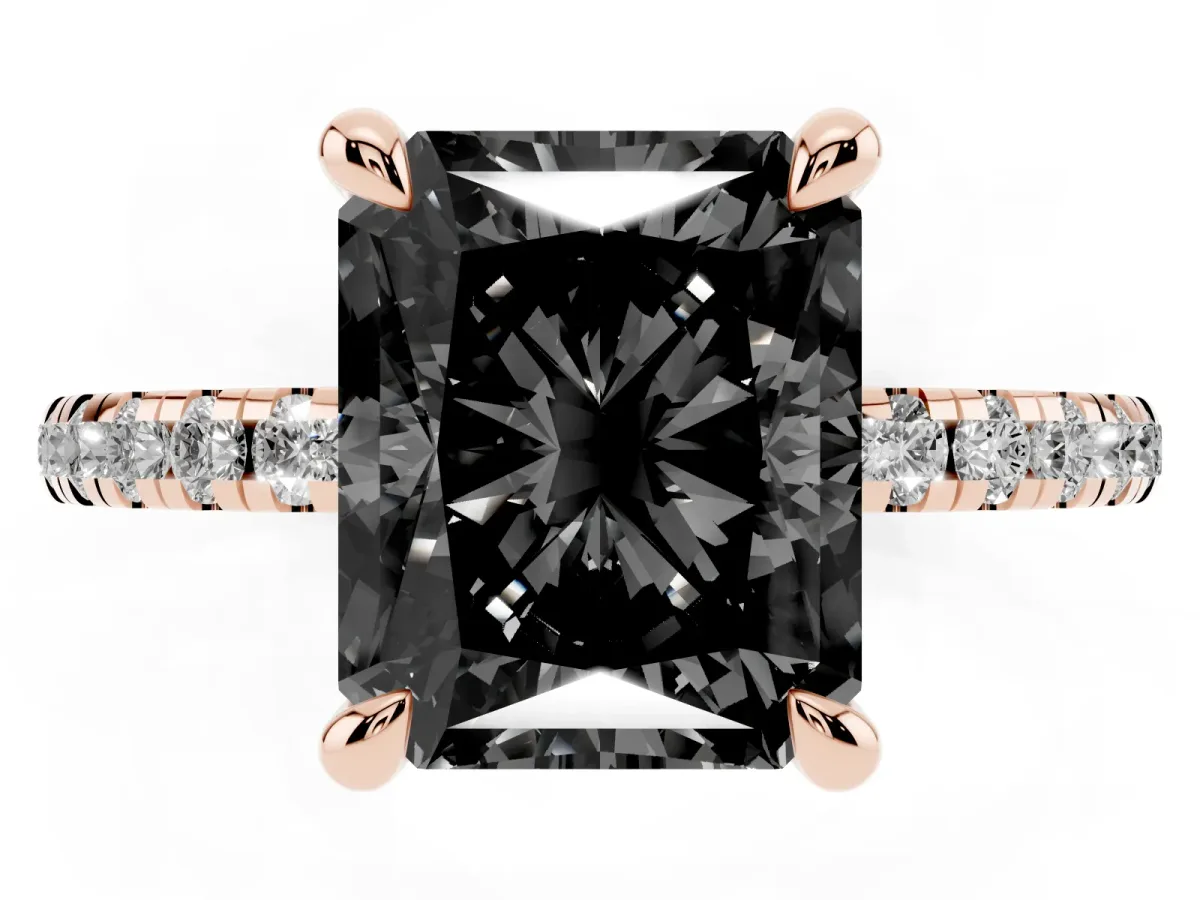 Fancy Black Radiant Cut Diamond Brilliant Solitaire Ring with Pavé Band and Four-Prong Setting Rose gold