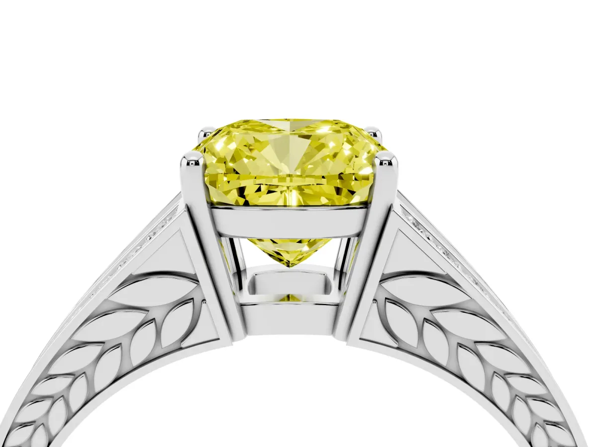 Fancy Yellow Cushion Cut Diamond Split Shank Ring with Pavé Band and Four-Prong Setting White gold
