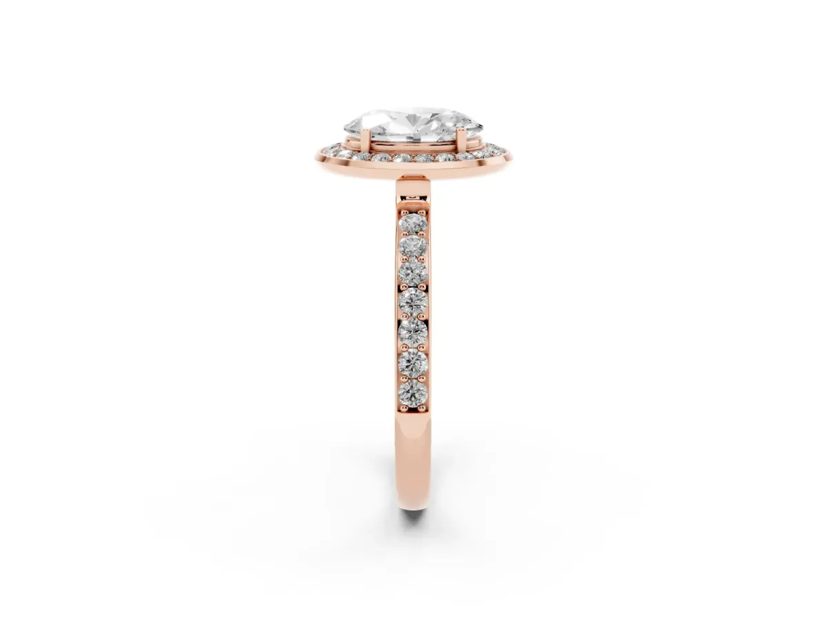 Oval Cut Diamond Halo Ring with Bezel Frame and Pavé Band Rose gold