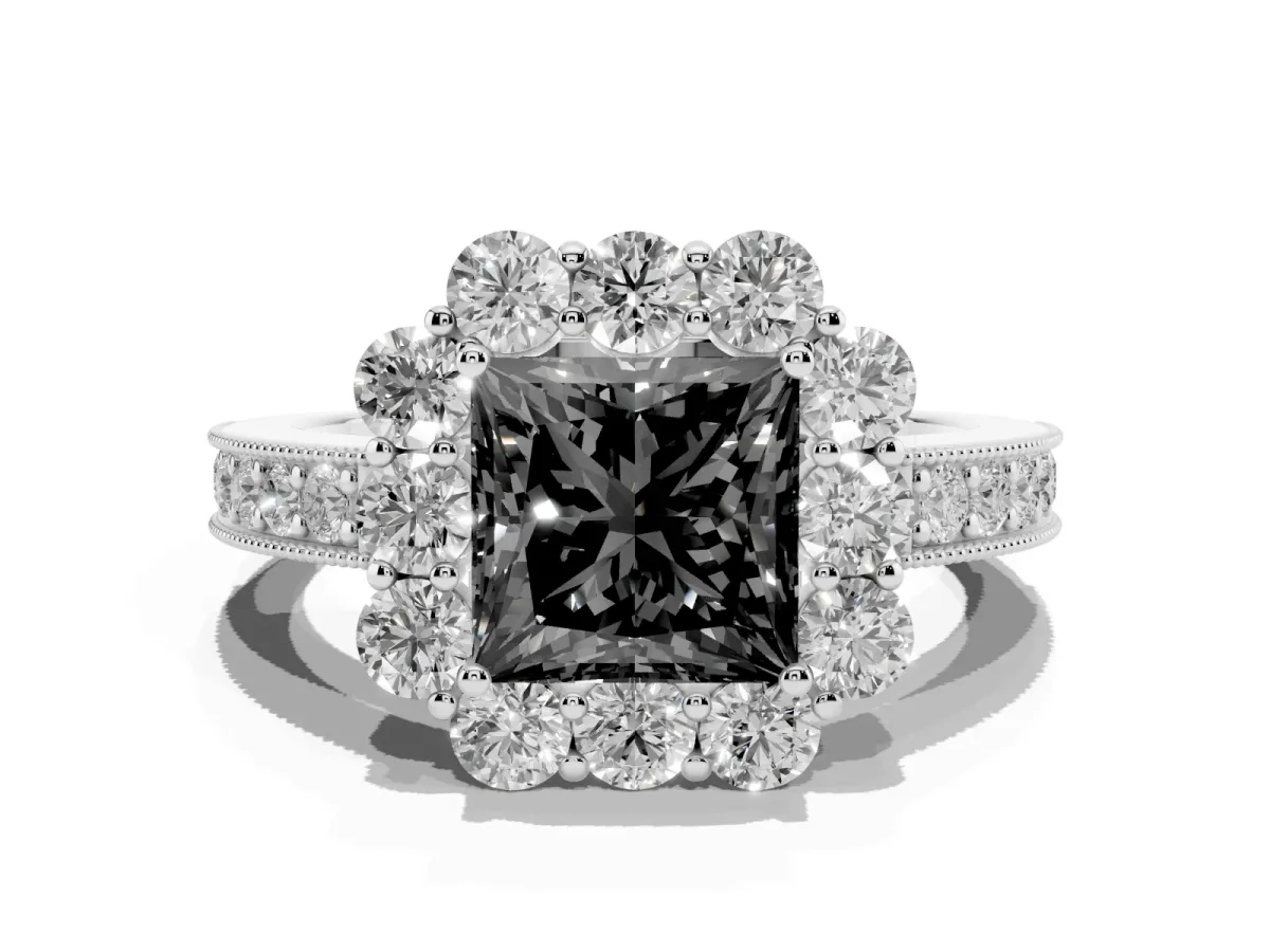 Fancy Black Princess Cut Cut Halo Diamond Pavé Engagement Ring with Milgrain Detailing Platinum