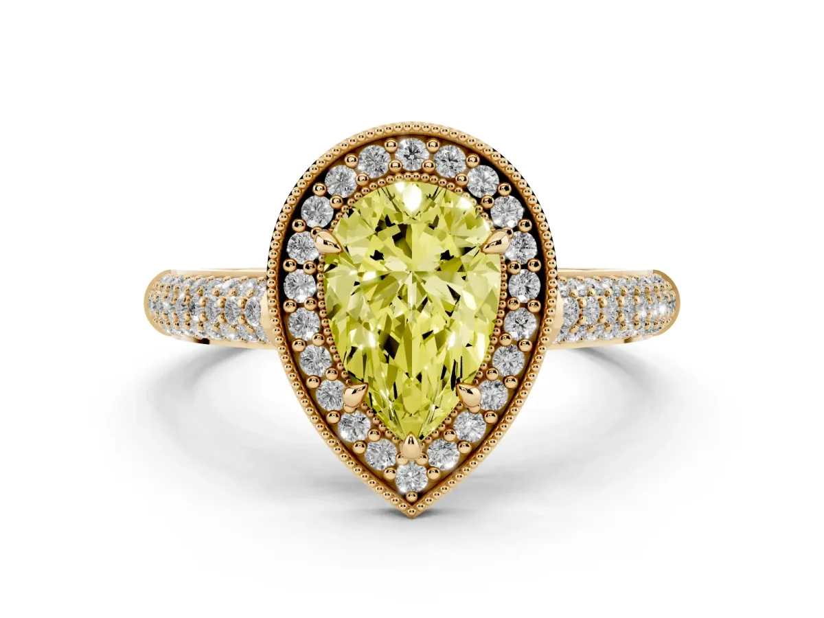 Fancy Yellow Pear Cut Cut Halo Diamond Pave Band with Four-Prong Setting Yellow gold