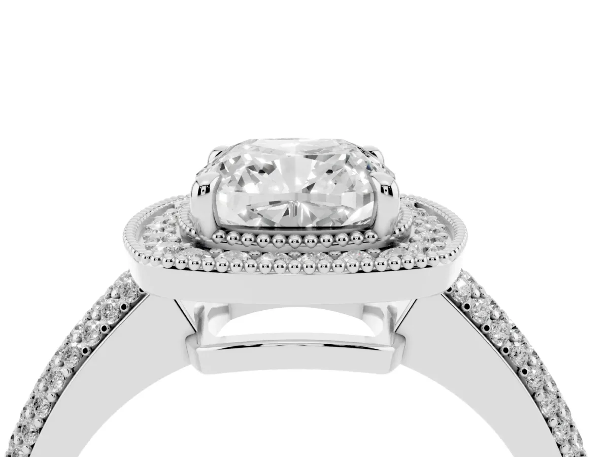 Cushion Cut Cut Halo Diamond Pave Band with Four-Prong Setting Silver