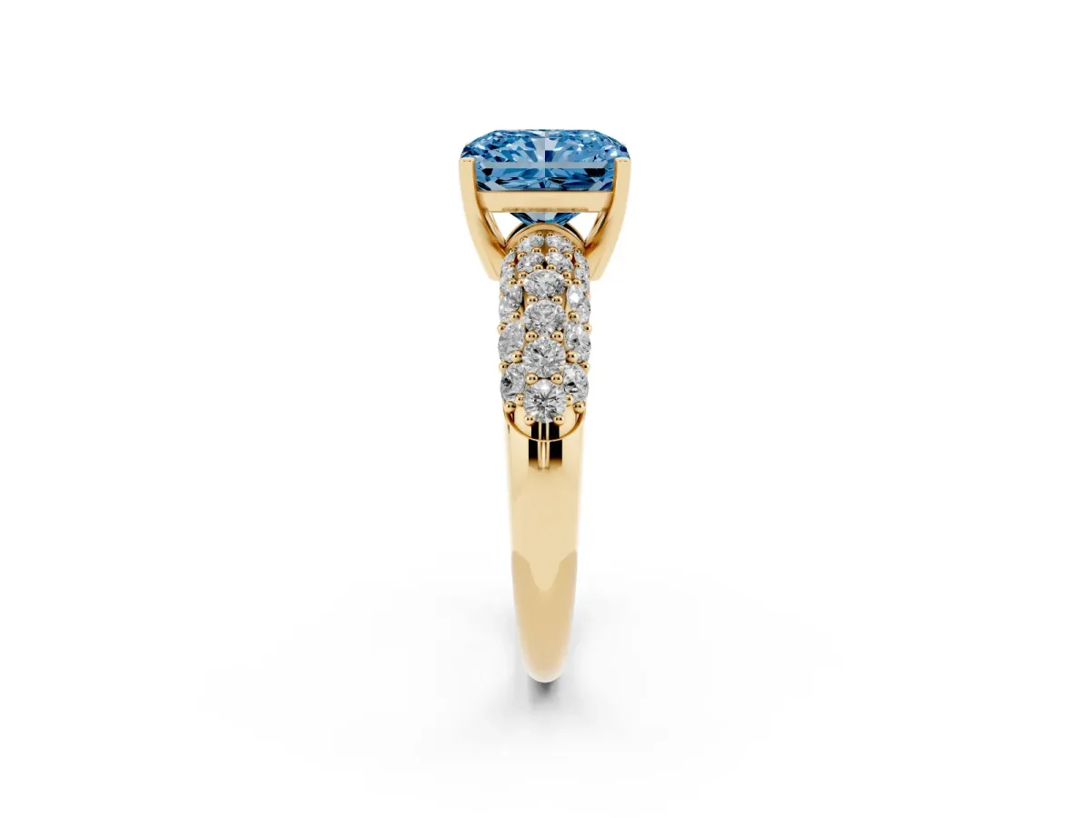 Fancy Blue Radiant Cut Diamond Pavé Band Solitaire Ring with Four-Prong Setting Yellow gold