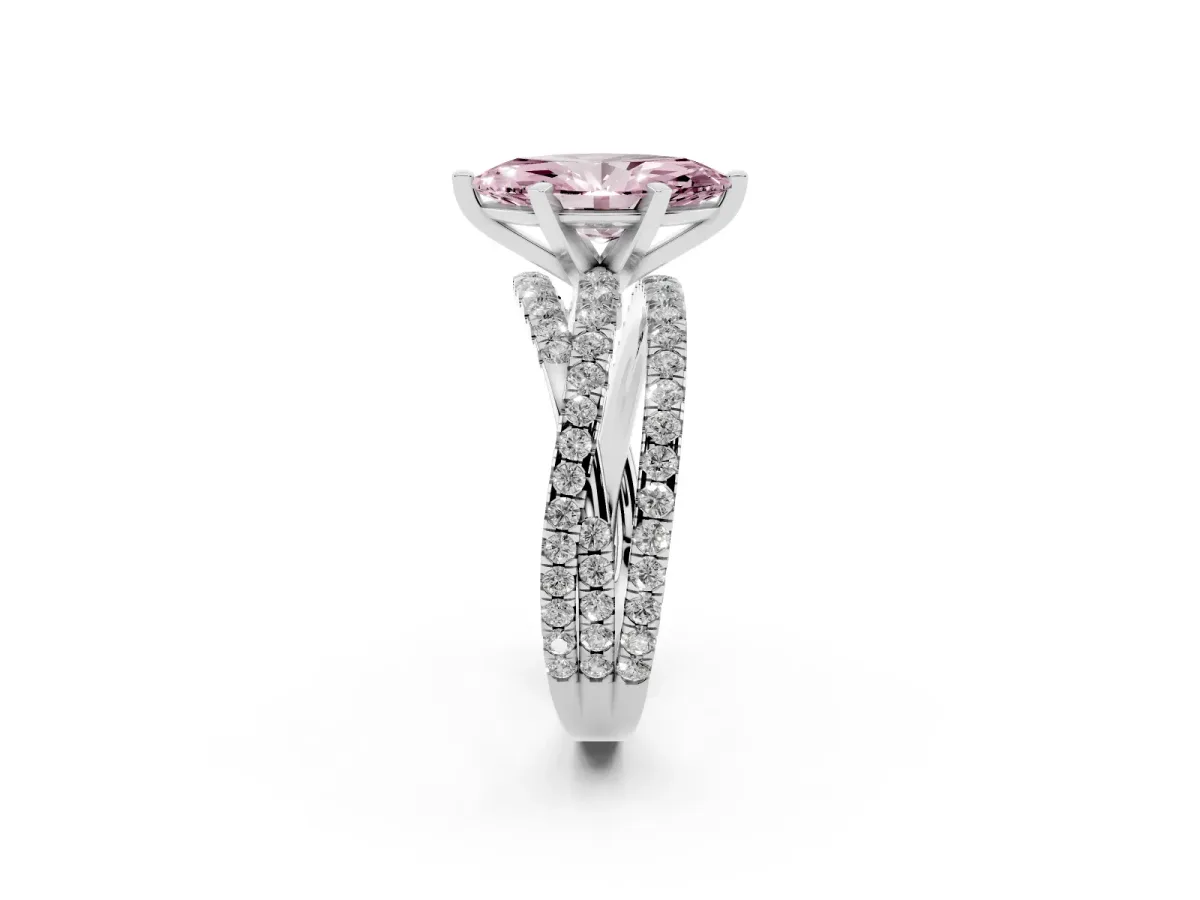 Fancy Pink Marquise Cut Solitaire Twist Band with Pavé Setting and Four-Prong Setting Silver