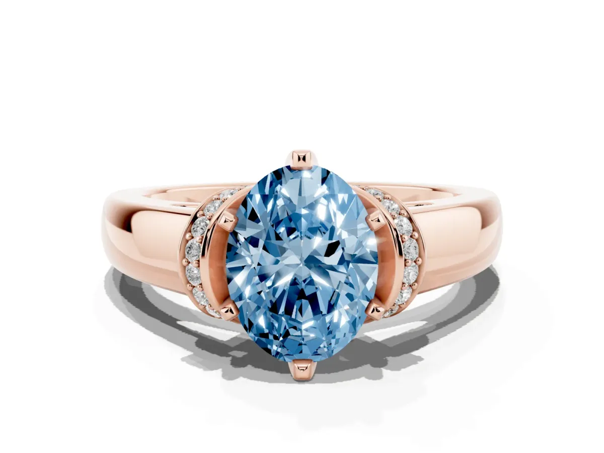 Fancy Blue Oval Cut Solitaire Diamond Ring with Pave Band and Six-Prong Setting Rose gold