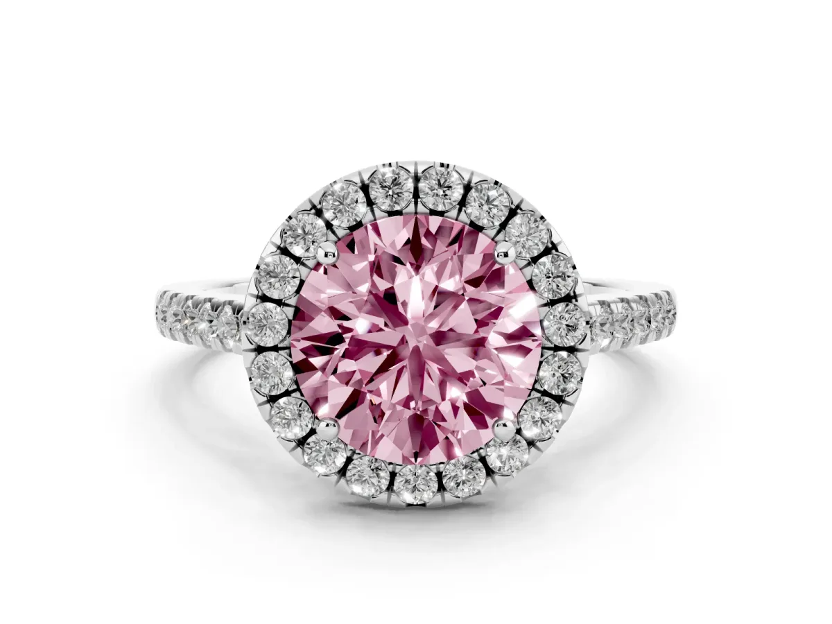 Fancy Pink Round Cut Halo Pavé Diamond Engagement Ring with Four-Prong Setting Silver