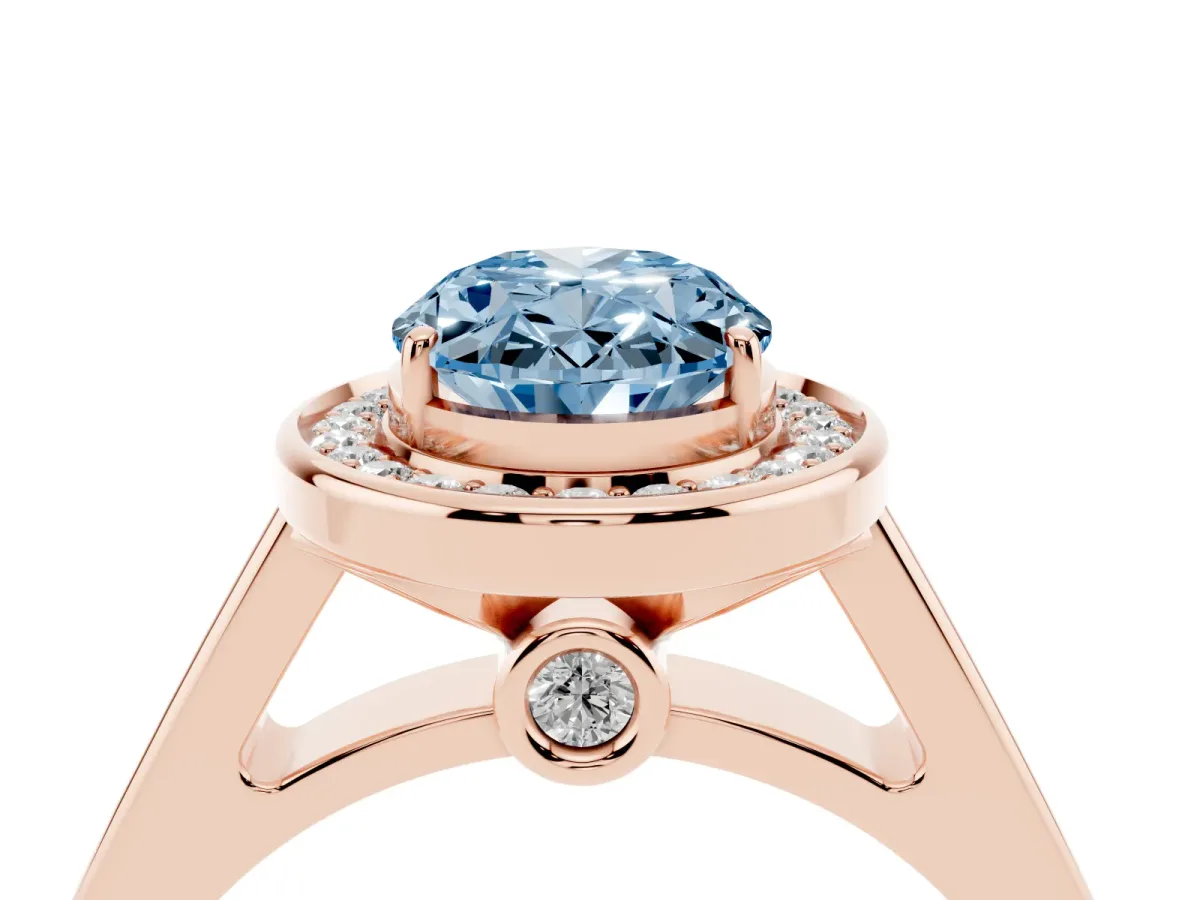 Fancy Blue Oval Cut Halo Solitaire Diamond Ring with Pave Band and Bezel Setting Rose gold