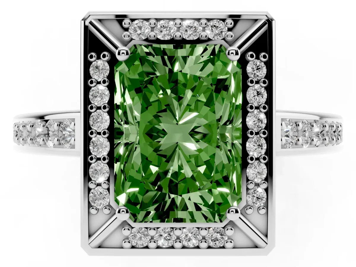 Fancy Green Radiant Cut Cut Halo Pave Split Shank Prong Setting Ring Silver