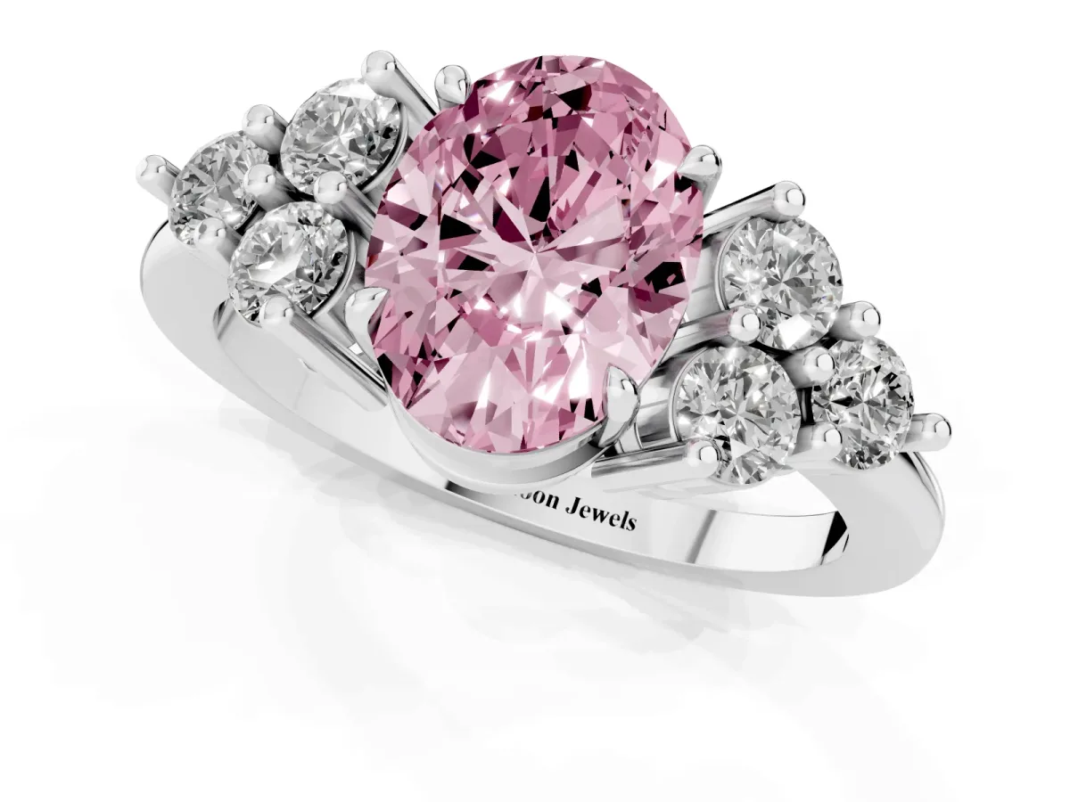 Fancy Pink Oval Cut Brilliant Diamond Cluster Accent Solitaire Ring with Prong Setting Platinum