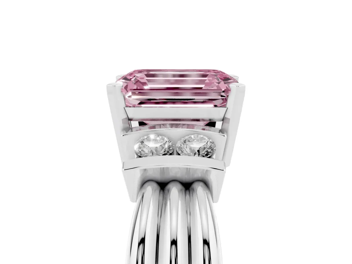 Fancy Pink Emerald Cut Cut Three-Stone Channel Set Ring with Bar Prongs Silver