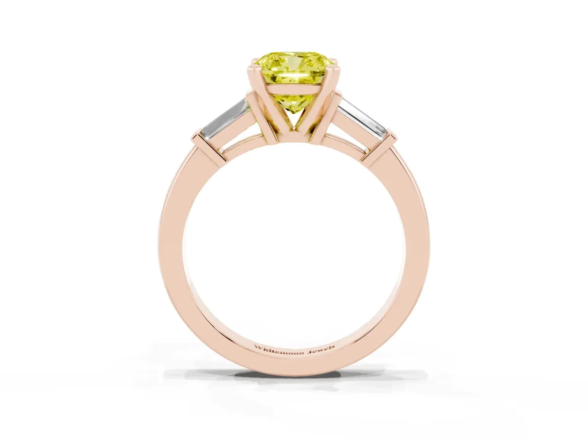 Fancy Yellow Cushion Cut Cut Diamond Solitaire Ring with Tapered Baguette Accents and Four-Prong Setting Rose gold