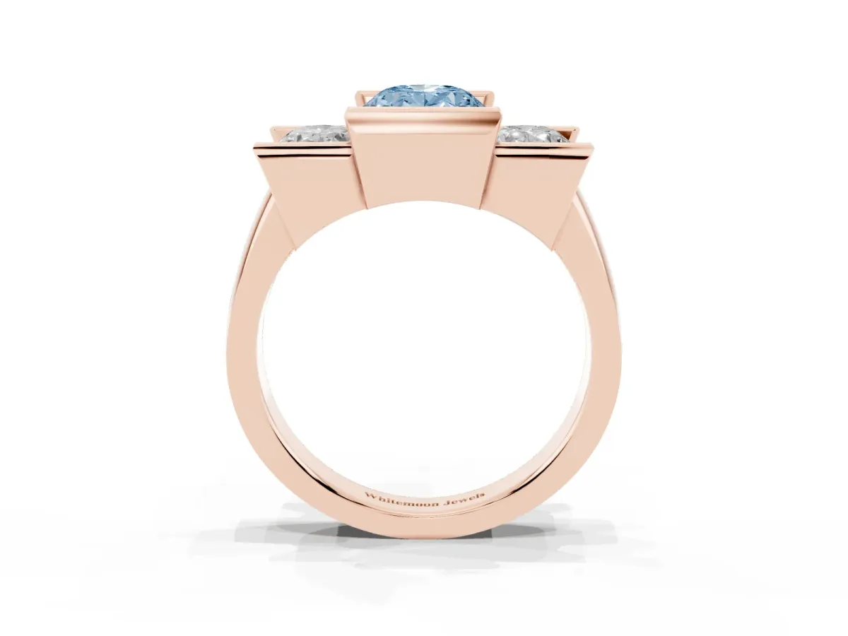 Fancy Blue Three Stone Oval Cut Cut Channel Set Diamond Ring Rose gold