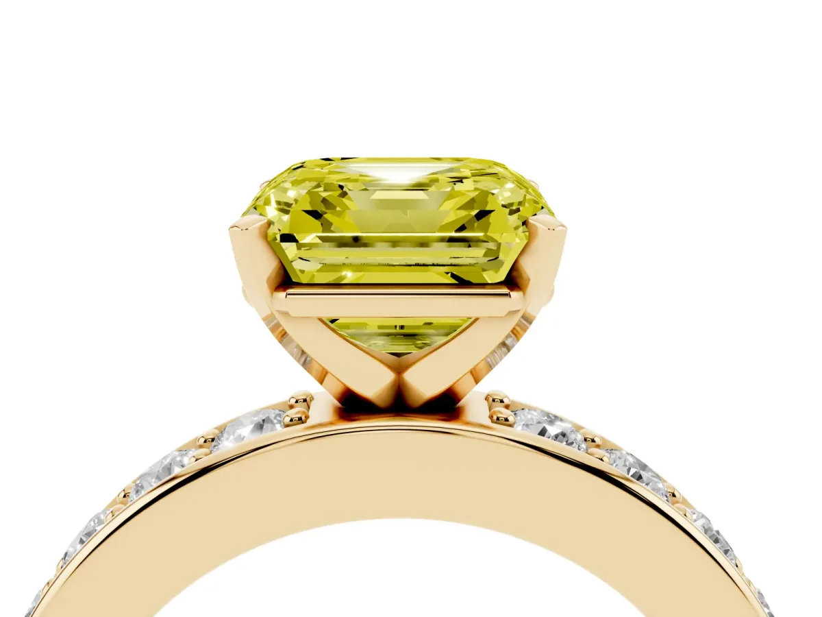 Fancy Yellow Asscher Cut Diamond Engagement Ring with Channel Set Round Band and Prong Setting Yellow gold
