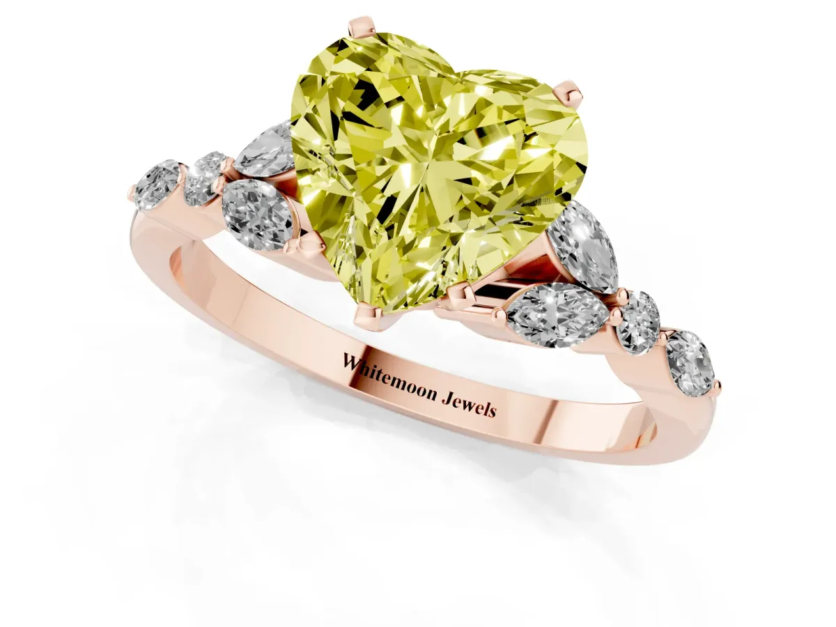 Fancy Yellow Heart Cut Diamond Solitaire Ring with Side Stones and Four-Prong Setting Rose gold