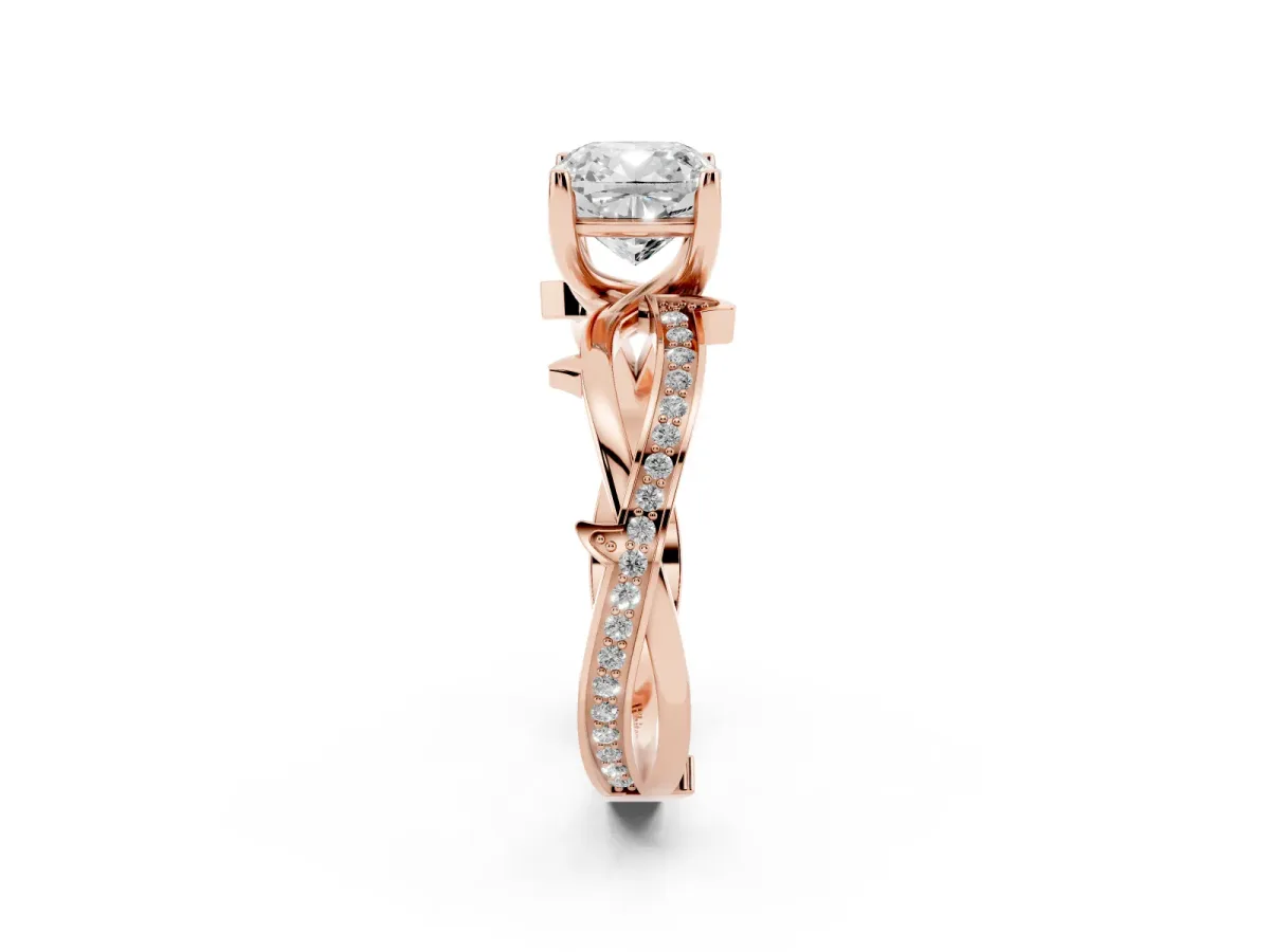 Cushion Cut Solitaire Twist Band with Pavé Accents and Four-Prong Setting Rose gold