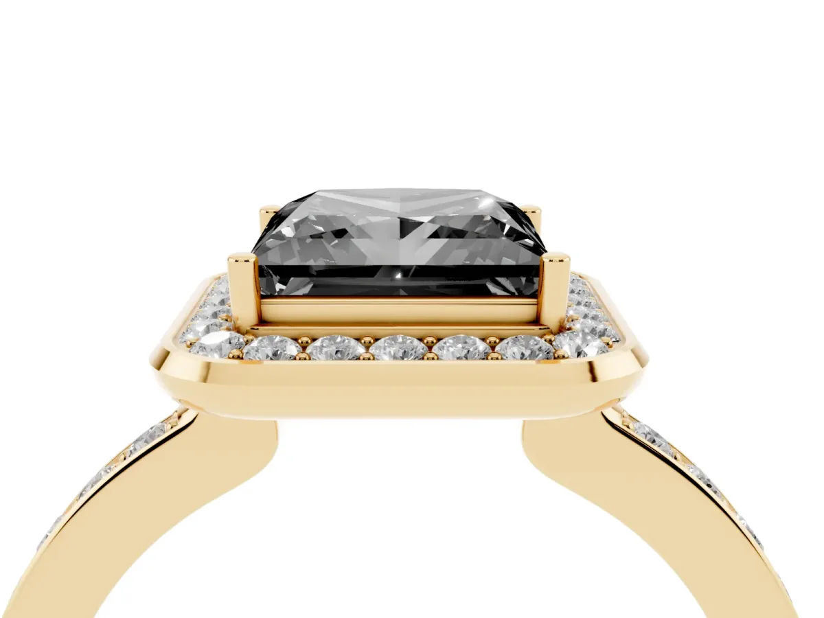 Fancy Black Princess Cut Diamond Halo Ring with Bezel Frame and Pavé Band Yellow gold