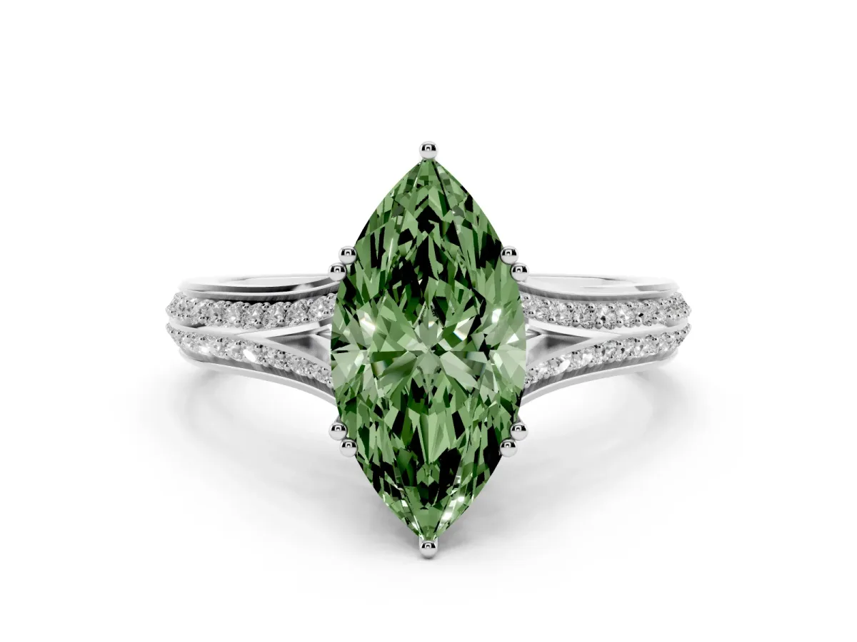 Fancy Green Marquise Cut Diamond Split Shank Engagement Ring with Pavé Band Silver