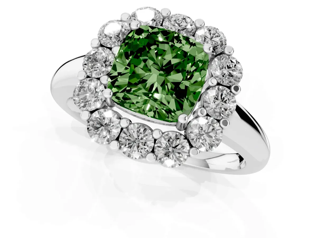 Fancy Green Cushion Cut Halo Cluster Diamond Engagement Ring with Prong Setting and Polished Band Silver