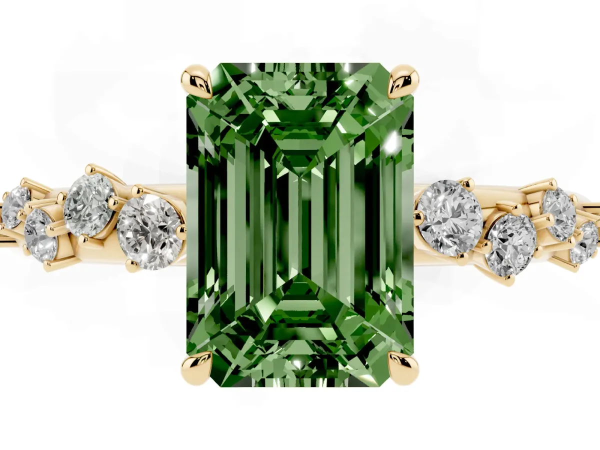 Fancy Green Emerald Cut Diamond Cluster Prong-Set Solitaire Ring Yellow gold