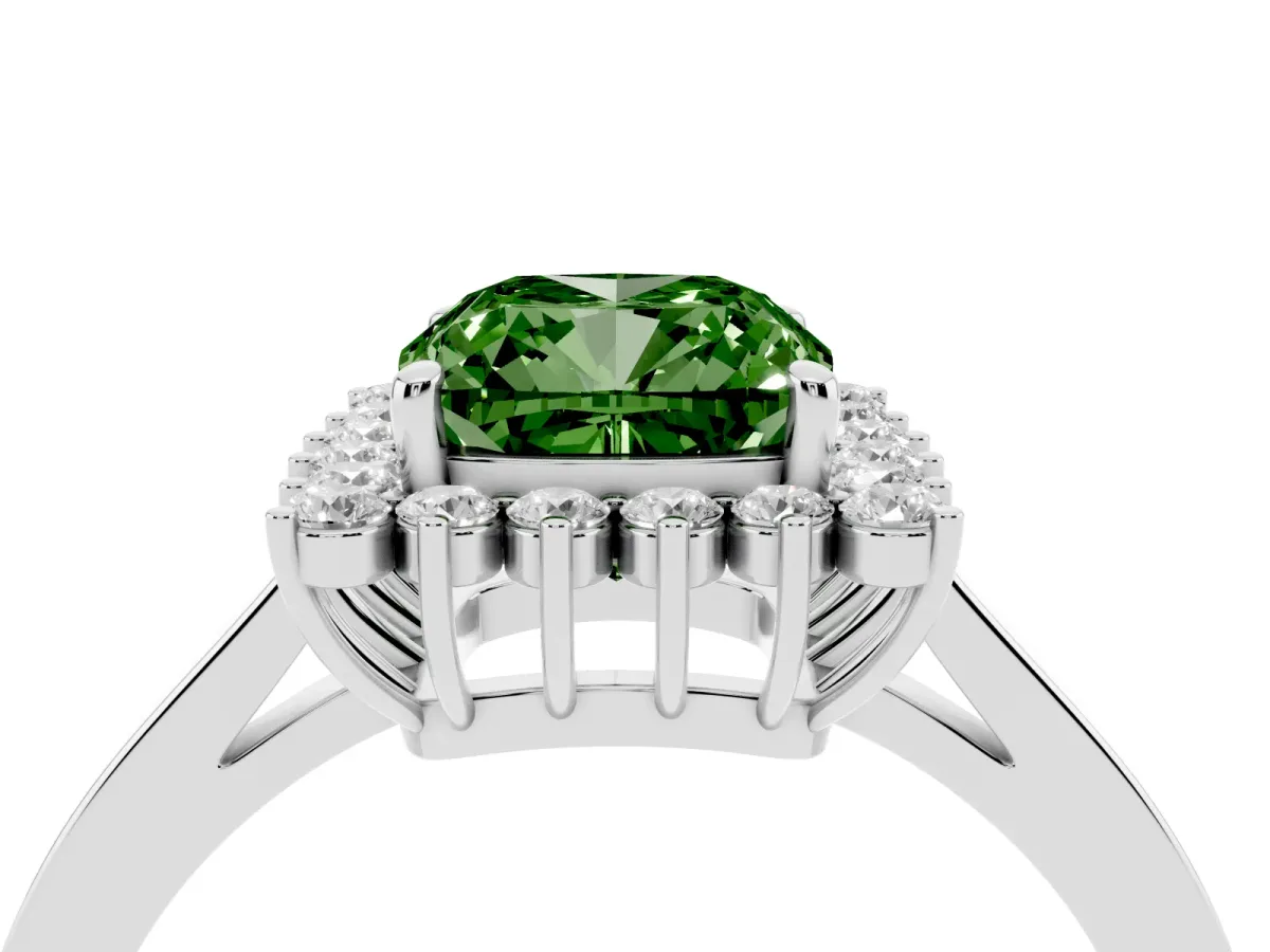 Fancy Green Cushion Cut Cut Diamond Halo Ring with Round Brilliant Halo and Solitaire Band Silver