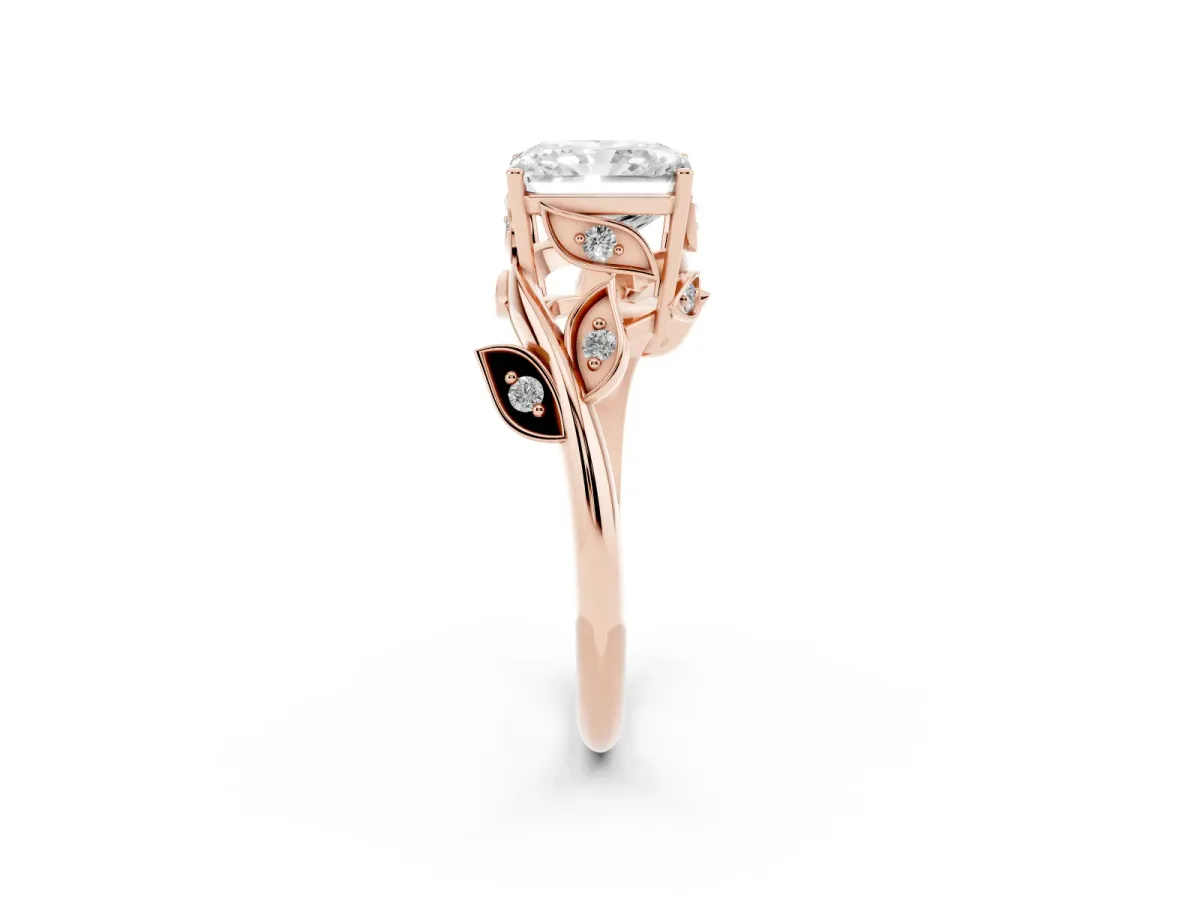 Radiant Cut Solitaire Twist Engagement Ring with Leaf Accents and Prong Setting Rose gold