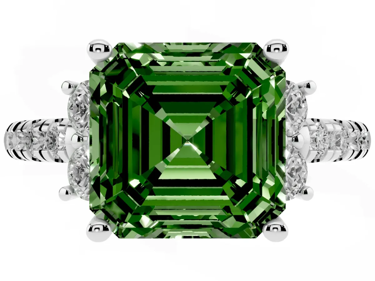 Fancy Green Asscher Cut Diamond Three-Stone Pave Band with Four-Prong Setting Silver