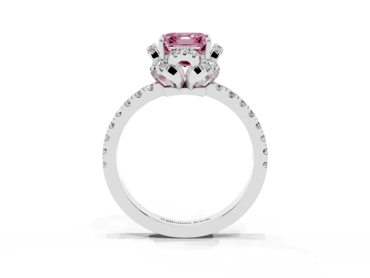 Fancy Pink Asscher Cut Diamond Halo Pave Band with Four-Prong Setting White gold