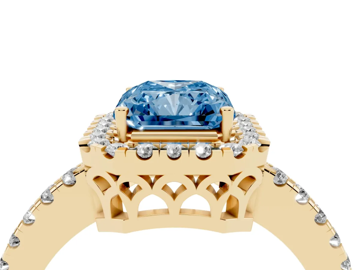 Fancy Blue Radiant Cut Halo Diamond Engagement Ring with Pavé Band and Four-Prong Setting Yellow gold
