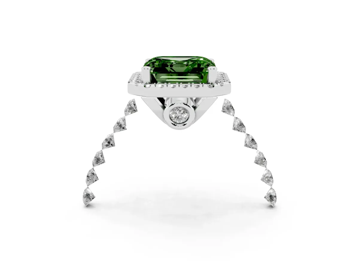 Fancy Green Asscher Cut Halo Pavé Diamond Engagement Ring with Four-Prong Setting Platinum