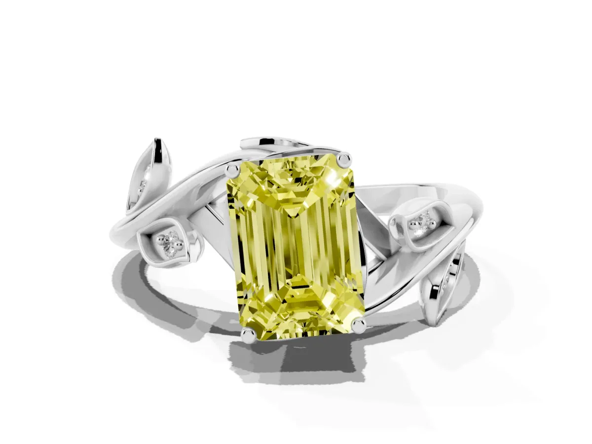 Fancy Yellow Emerald Cut Solitaire Twist Engagement Ring with Leaf Accents and Prong Setting Silver